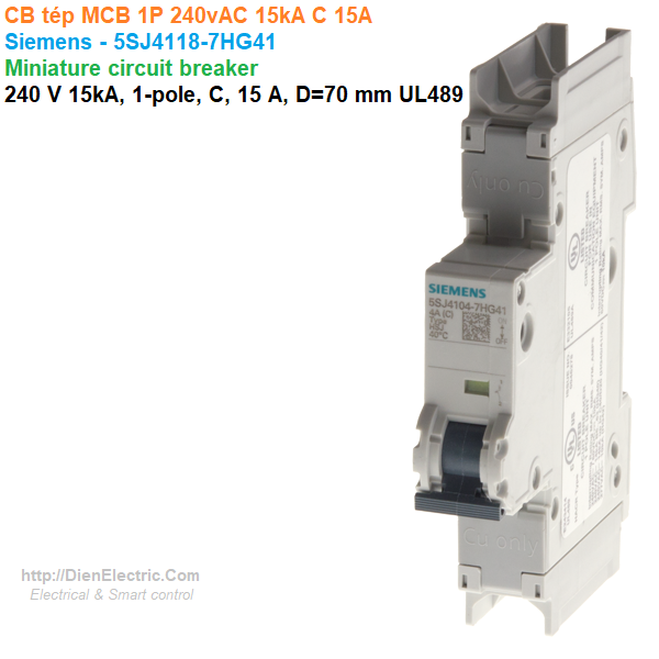 CB tép MCB 1P 240vAC 15kA C 15A - Siemens - 5SJ4118-7HG41 Miniature circuit breaker 240 V 15kA, 1-pole, C, 15 A, D=70 mm UL489